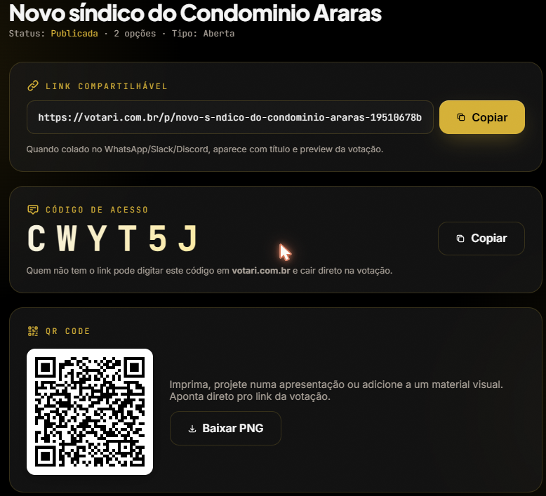 Compartilhar a votação — link, código de acesso e QR code