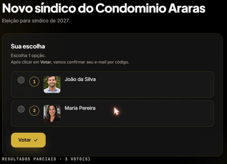 Cédula de votação — o eleitor escolhe uma opção e confirma